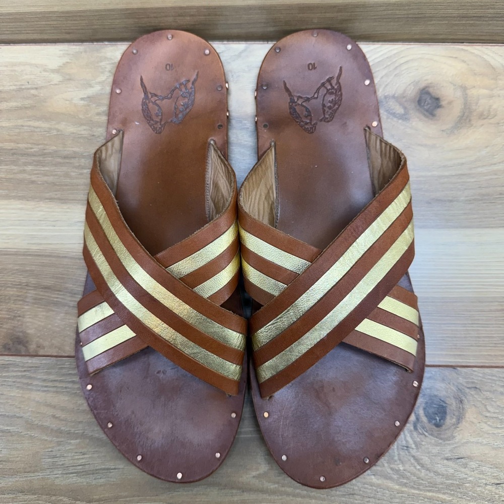 BEEK Palila Sandals 10 Saddle Brown Gold Cross Strap Slides Boho Minimalist